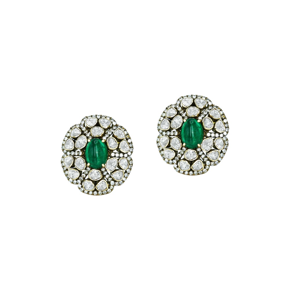 Emerald-Centered Polki Stud Antique Earrings with Floral Diamond Halo